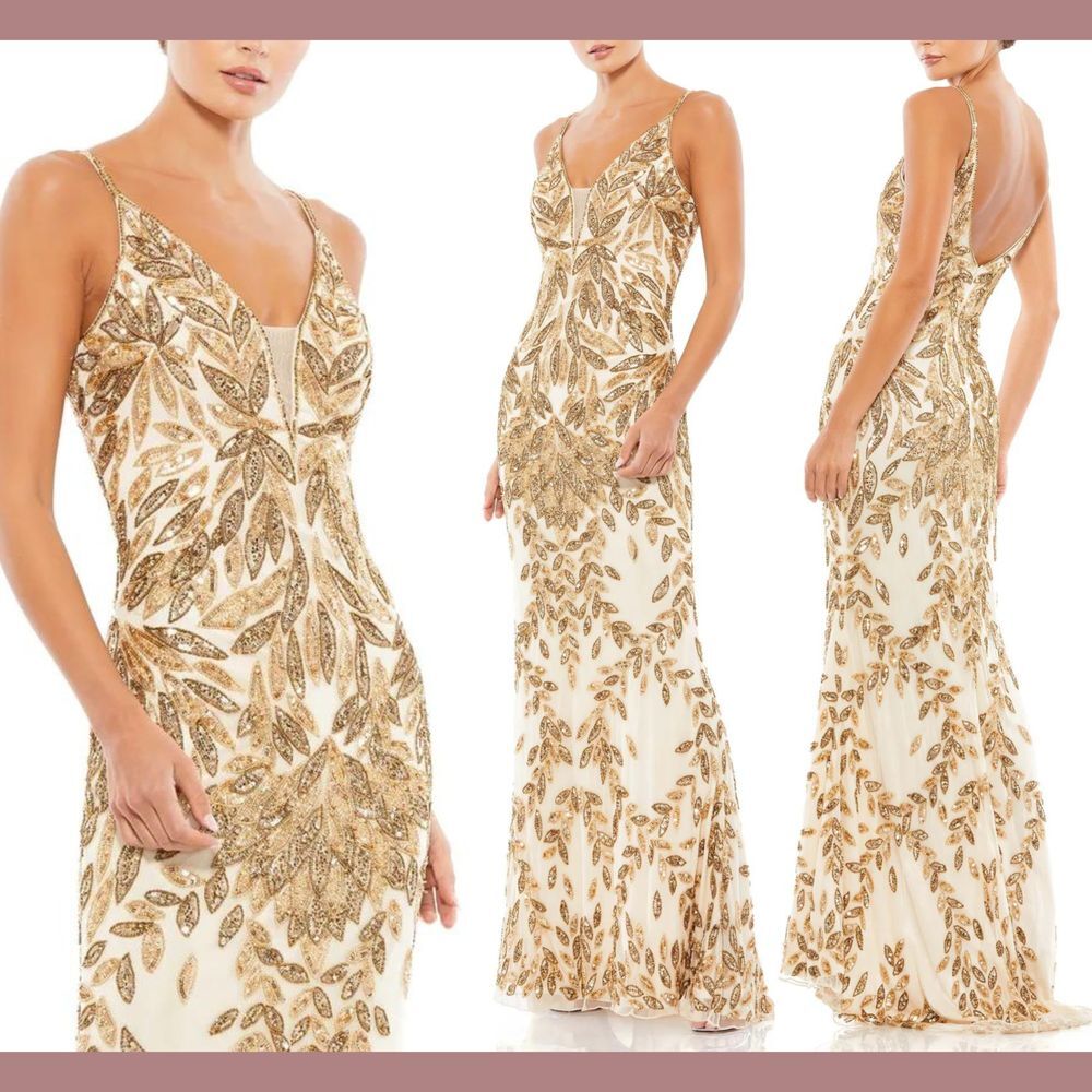 NWT $498 Mac Duggal [ 2 ] 5107 V Neck Embellished Leaf‎ Gown Nude Gold